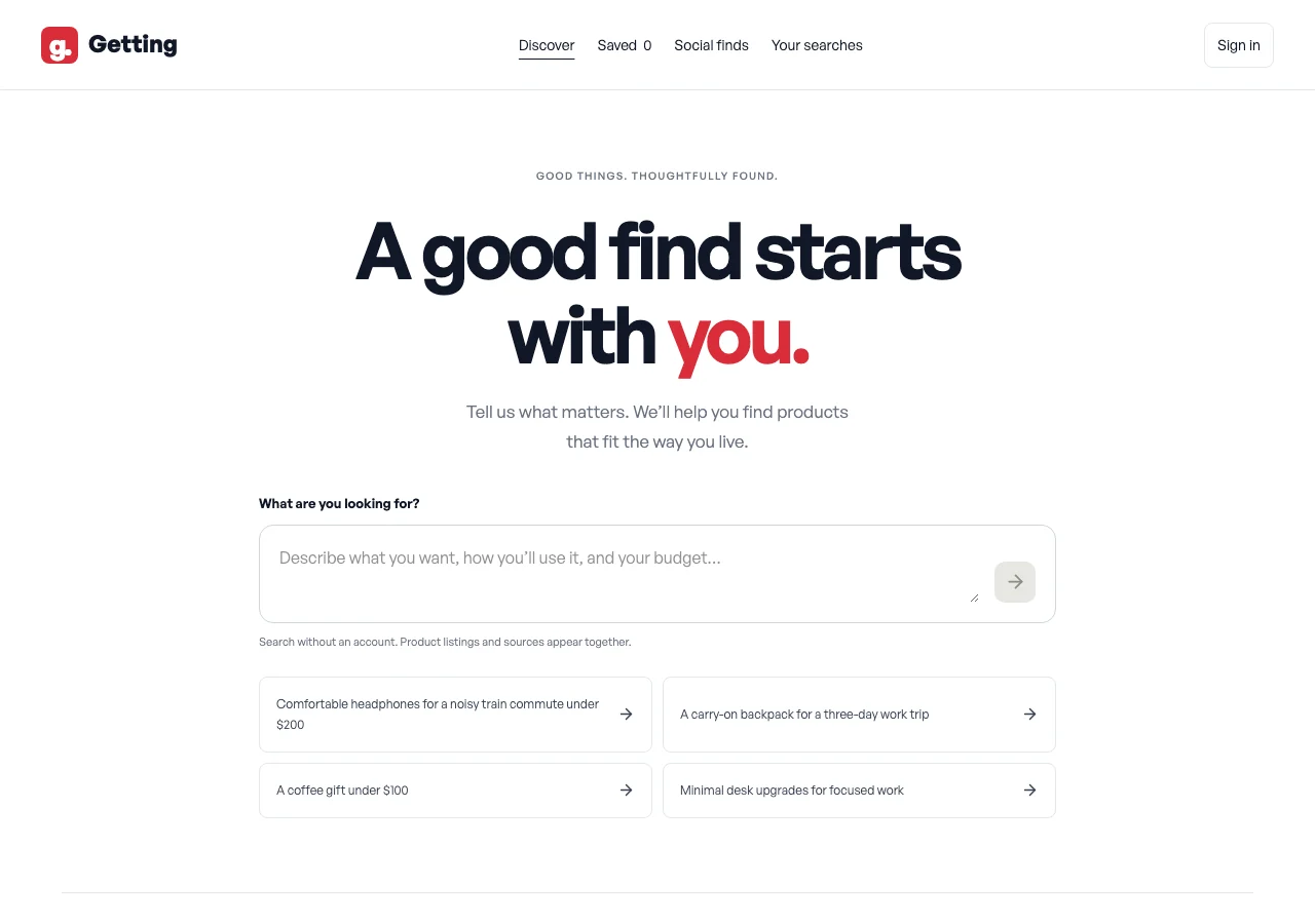 Getting’s product search interface with a prompt field and suggested searches.