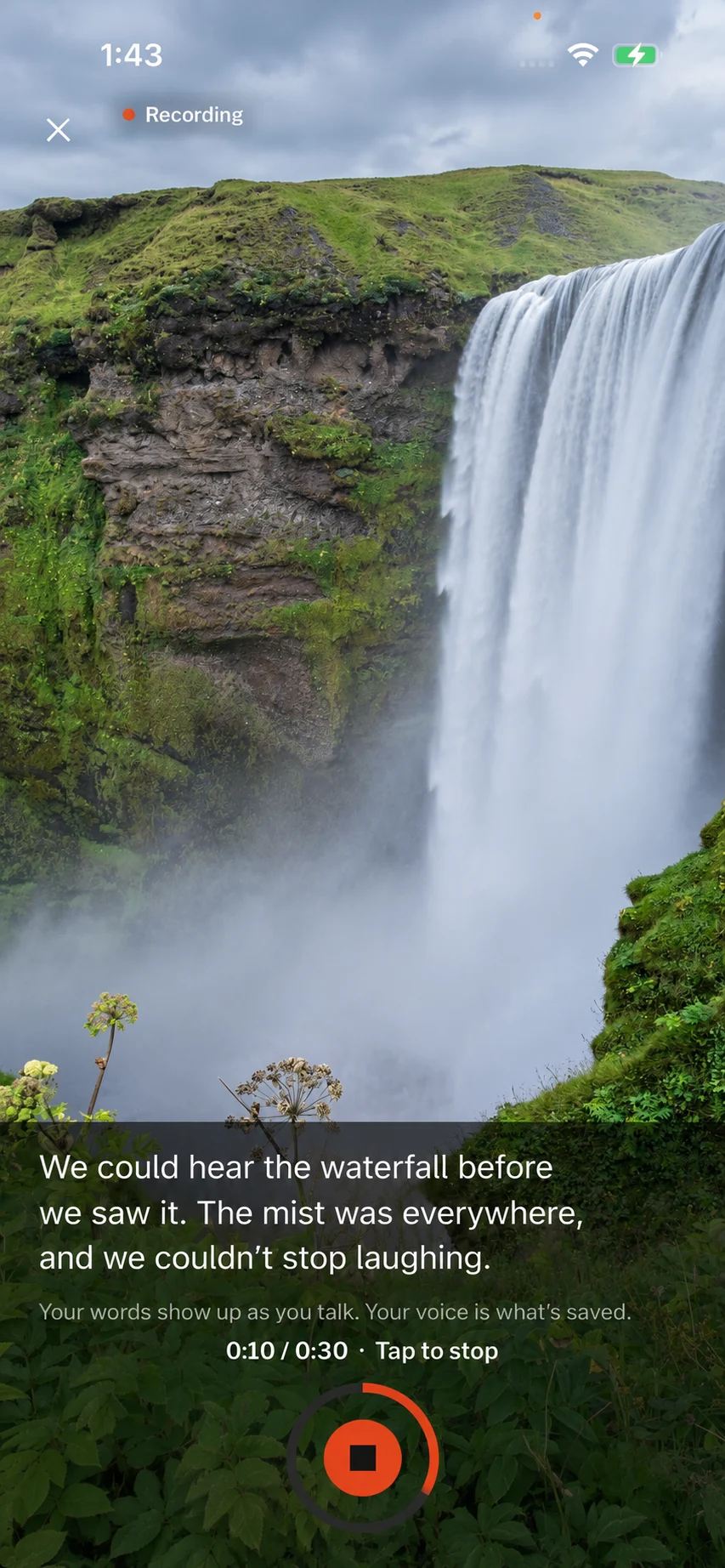 Narrate app preview showing voice recording over a waterfall photo.