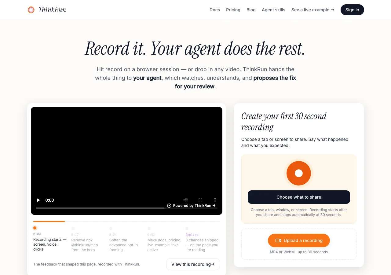 ThinkRun homepage with its recording workflow and browser recording controls.